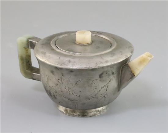 A Chinese pewter mounted Yixing teapot, Daoguang mark and of the period (1821-50), 14.2cm across